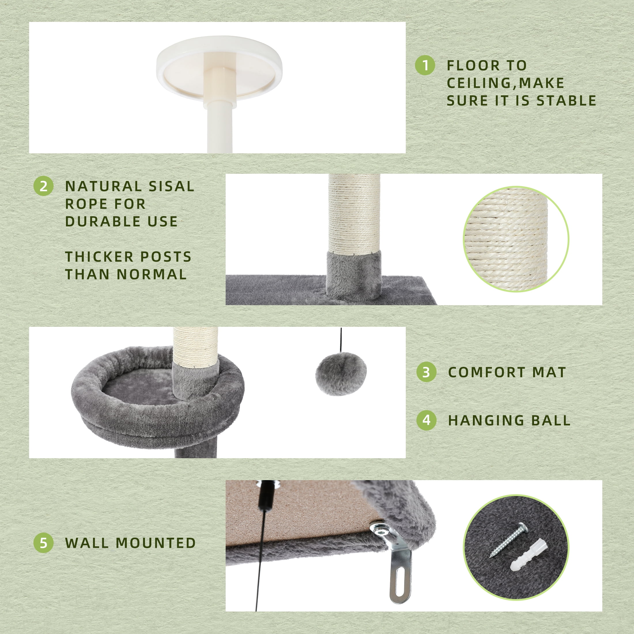 Gray 5-Tier Cat Tower with Adjustable Height