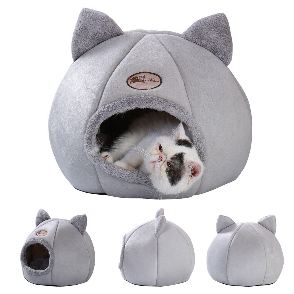 Cozy Gray Cat Bed Cave Igloo Nest