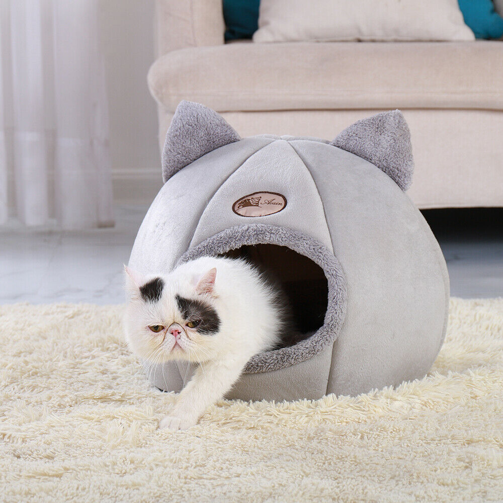 Cozy Gray Cat Bed Cave Igloo Nest
