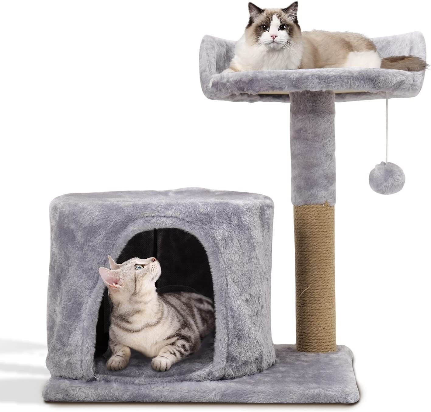 Gray Plush Cat Tower with Scratching Post