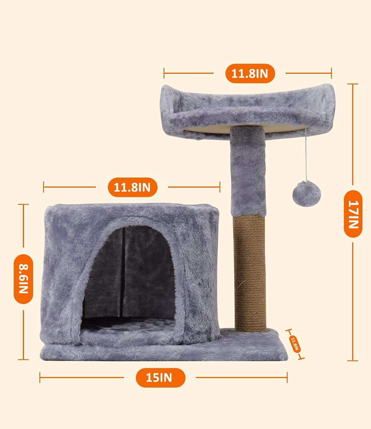Gray Plush Cat Tower with Scratching Post