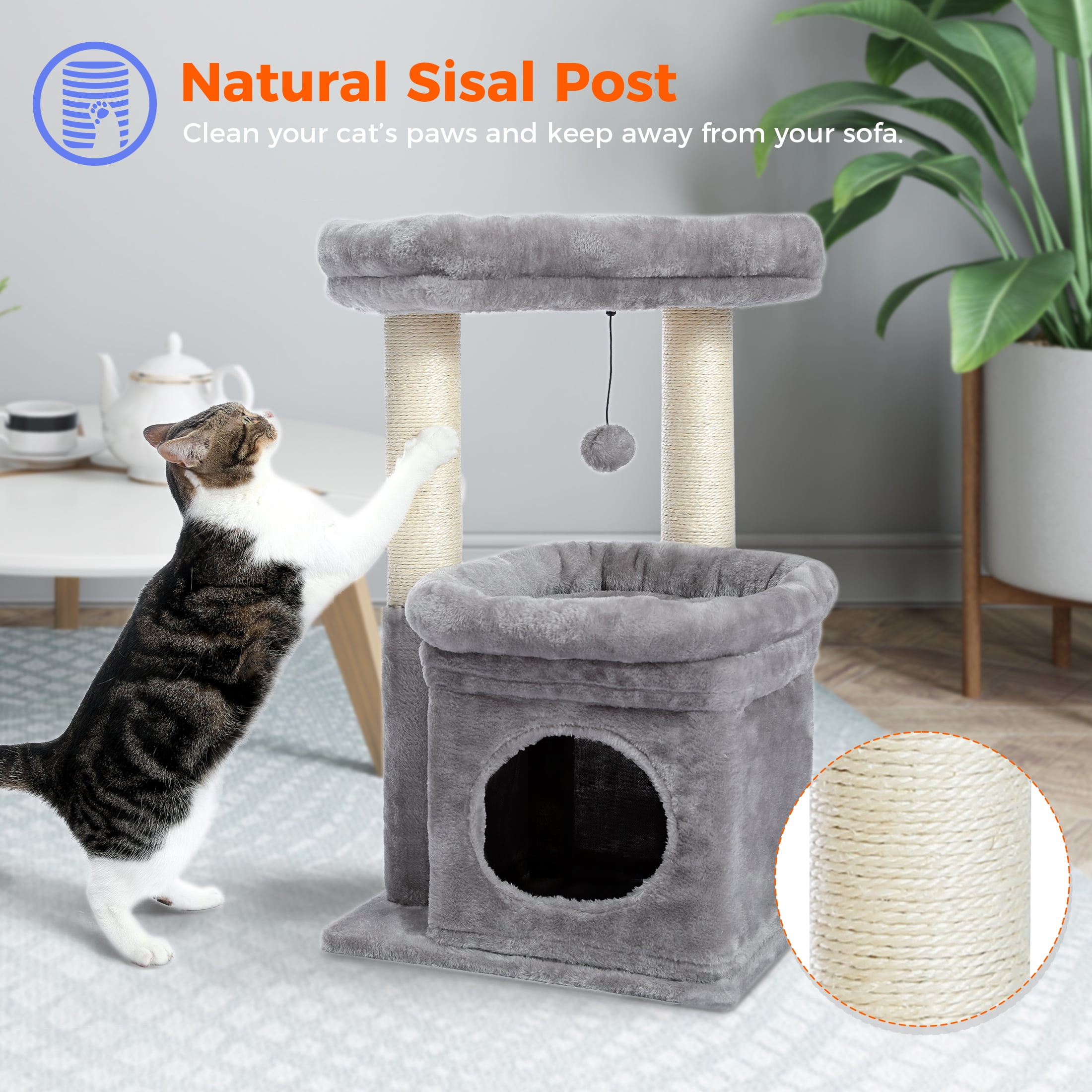 Gray Plush Cat Tree with Scratching Posts