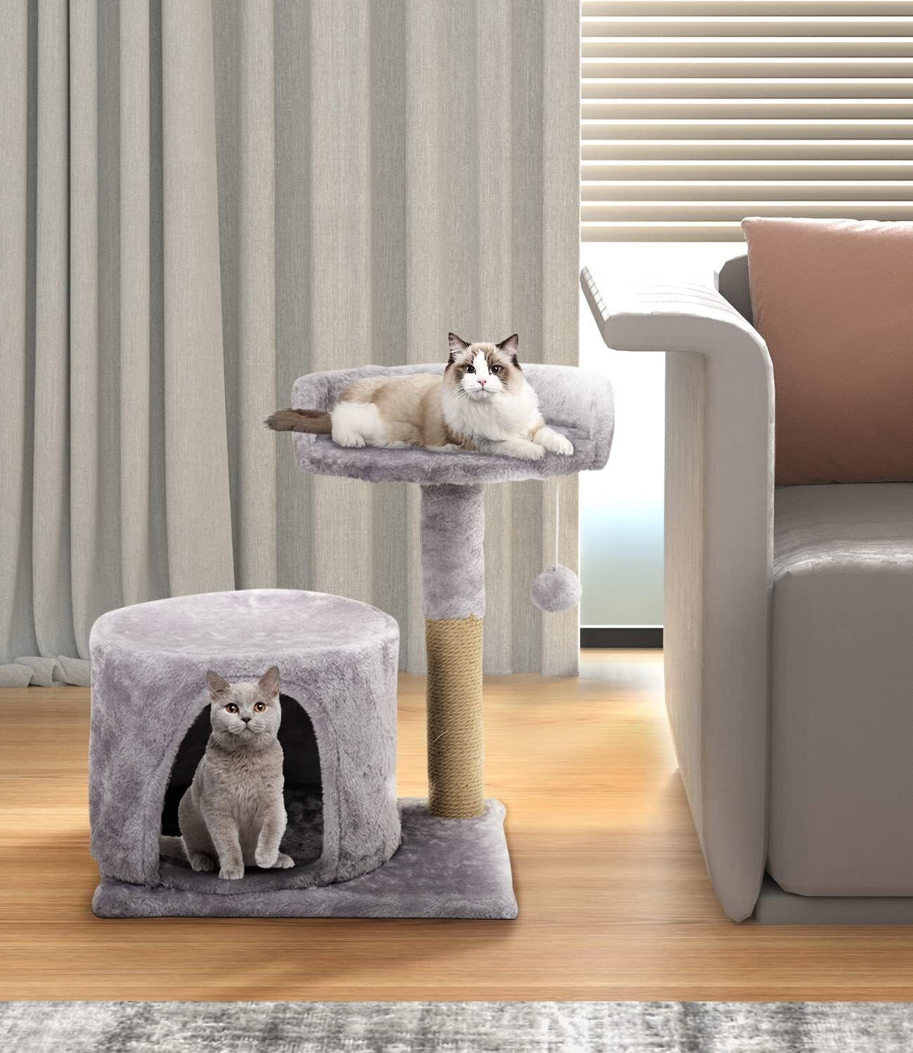 Gray Plush Cat Tower with Scratching Post