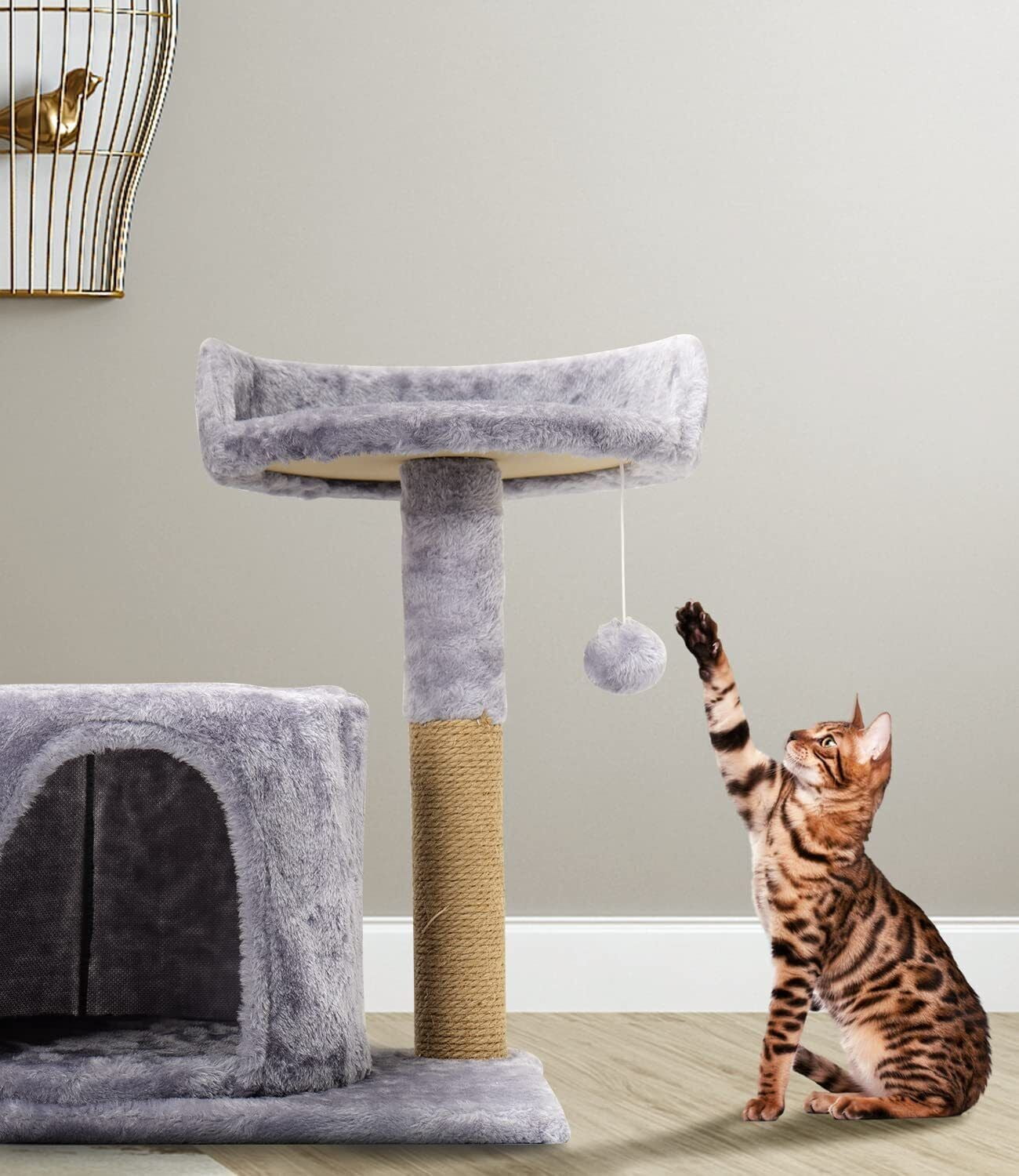 Gray Plush Cat Tower with Scratching Post