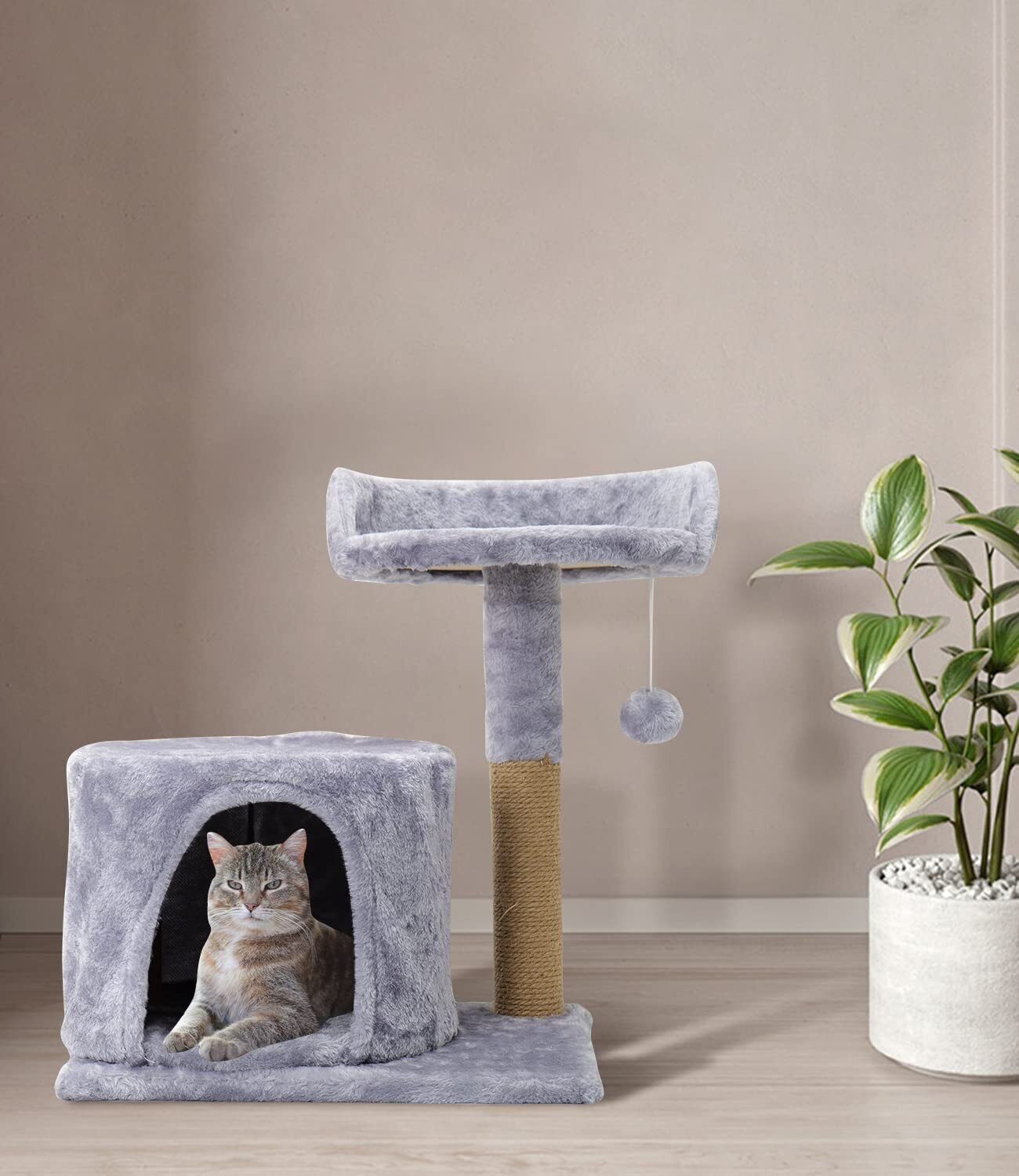 Gray Plush Cat Tower with Scratching Post