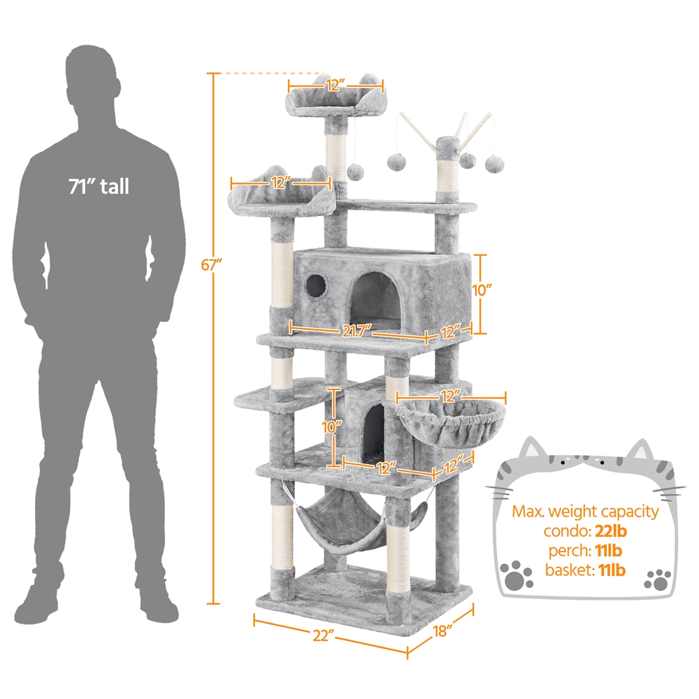 Light Gray Cat Tree with 2 Condos & Hammock