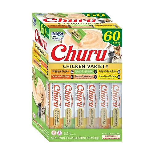 INABA Churu Grain-Free Cat Treats, Chicken Flavor, 60 Tubes