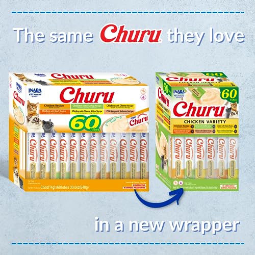 INABA Churu Grain-Free Cat Treats, Chicken Flavor, 60 Tubes