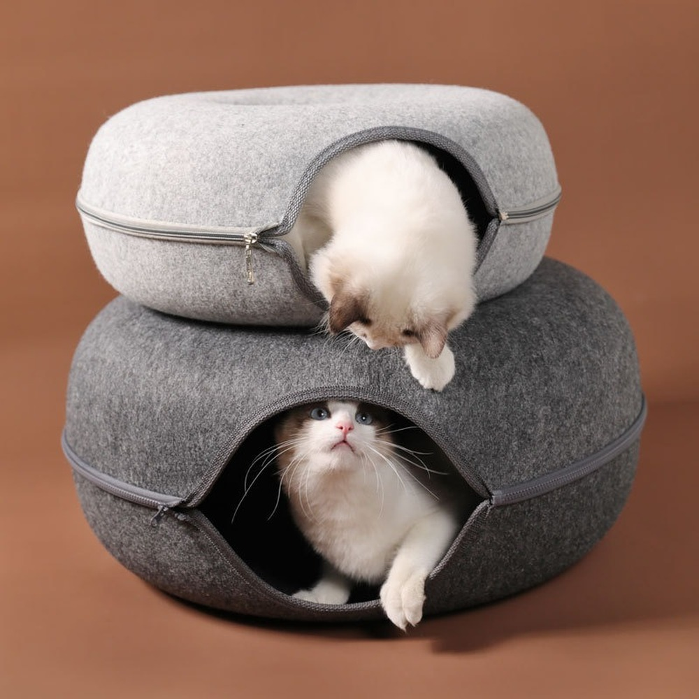 Interactive Felt Cat Bed Donut Tunnel House