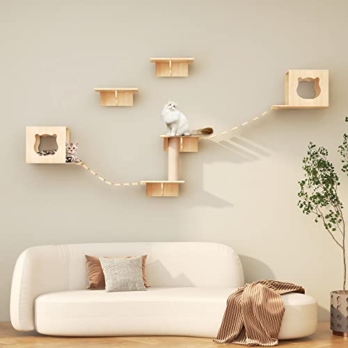 Natural Wood Cat Wall Furniture with Bridges and Houses