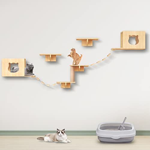 Natural Wood Cat Wall Furniture with Bridges and Houses