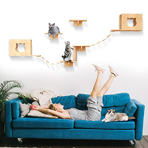 Natural Wood Cat Wall Furniture with Bridges and Houses