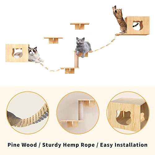 Natural Wood Cat Wall Furniture with Bridges and Houses
