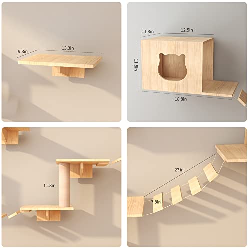 Natural Wood Cat Wall Furniture with Bridges and Houses