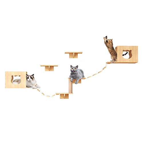 Natural Wood Cat Wall Furniture with Bridges and Houses