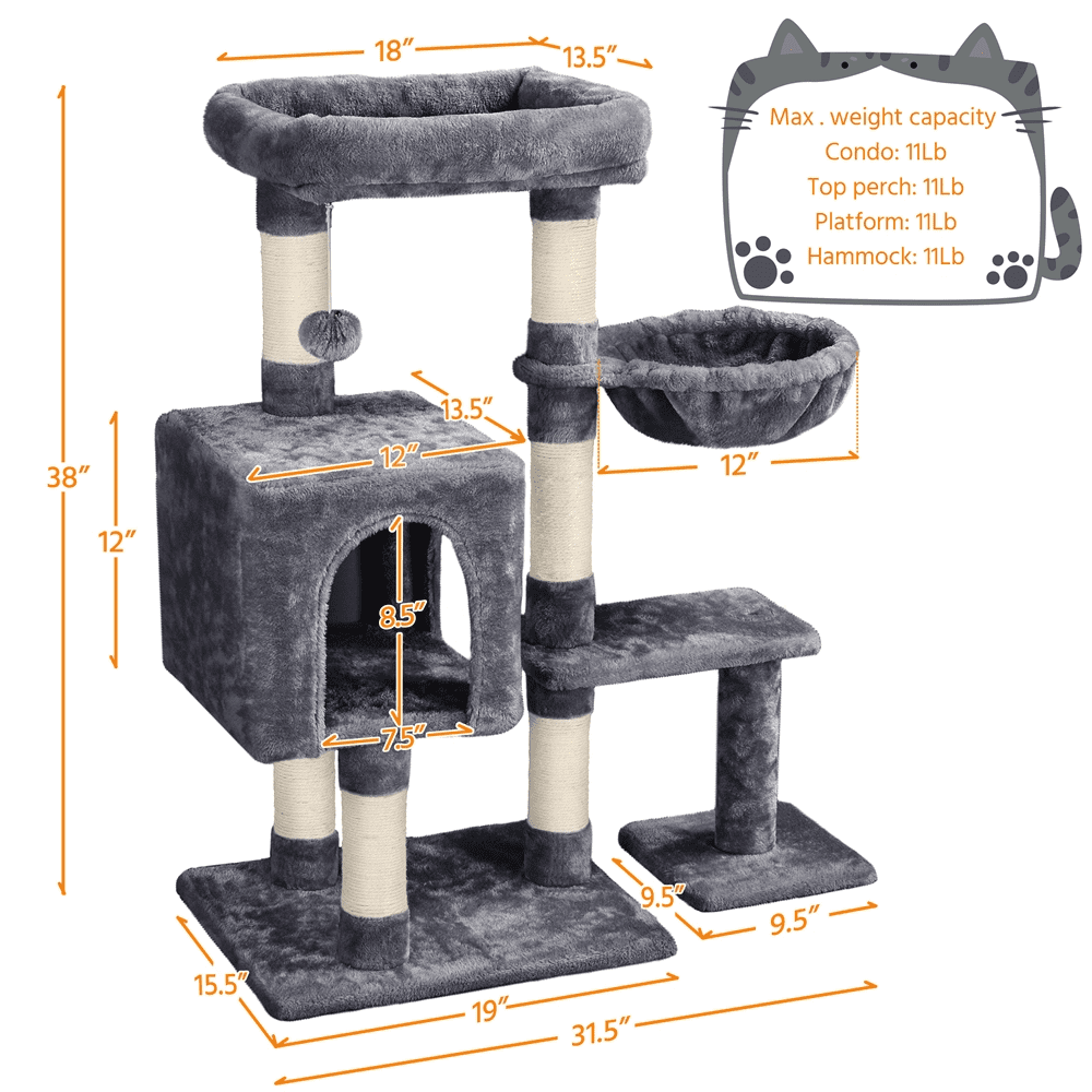 Dark Gray Cat Tree with Scratching Post & Perch