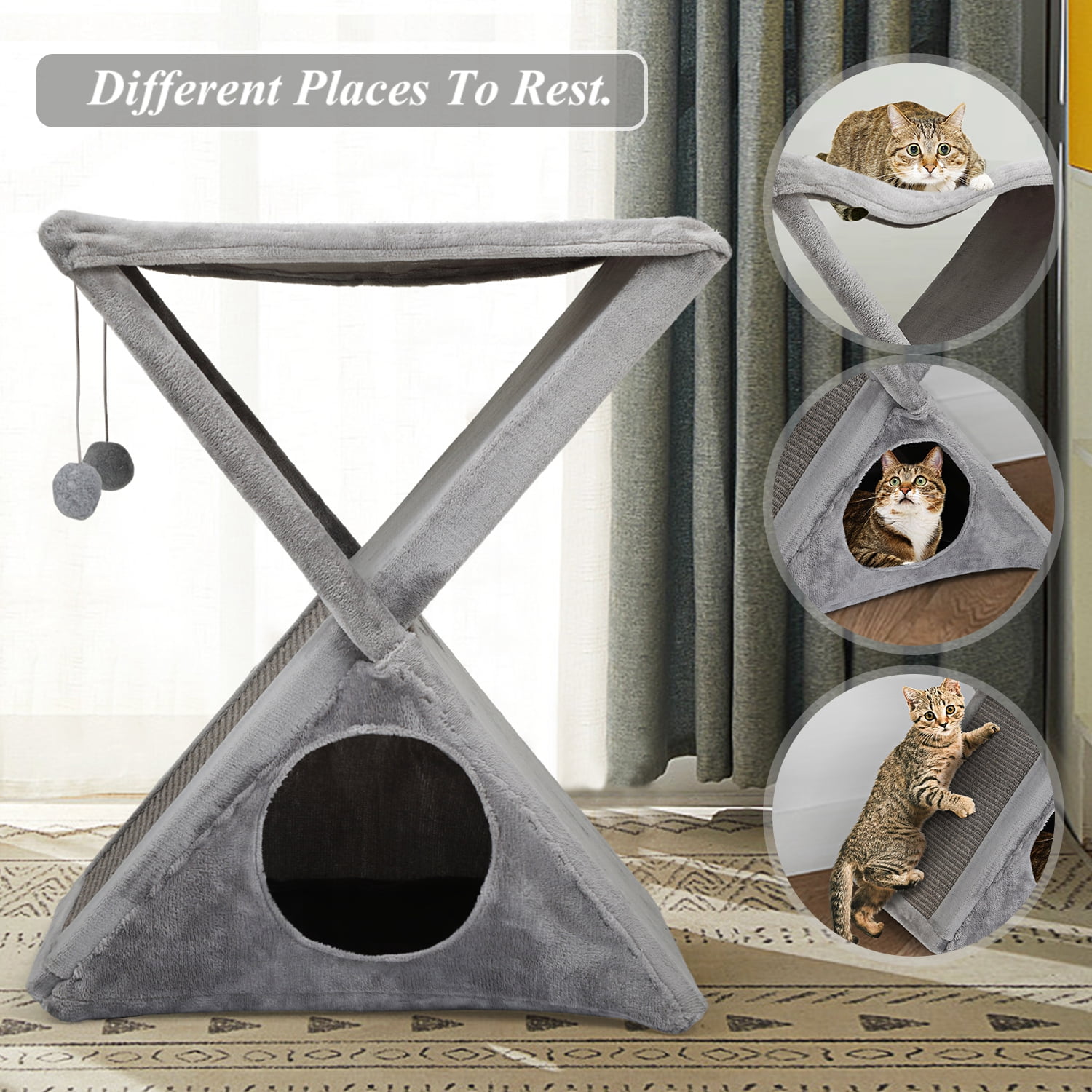 Foldable Gray Cat Tree Hammock Condo