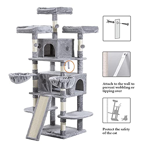 Large Multi-Level Grey Cat Tree with Hammocks