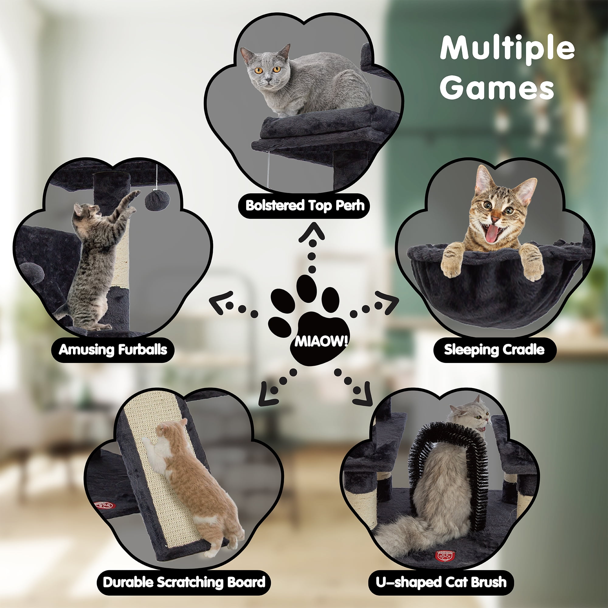 Multi-Level Cat Tree Tower with Scratching Posts & Hammocks