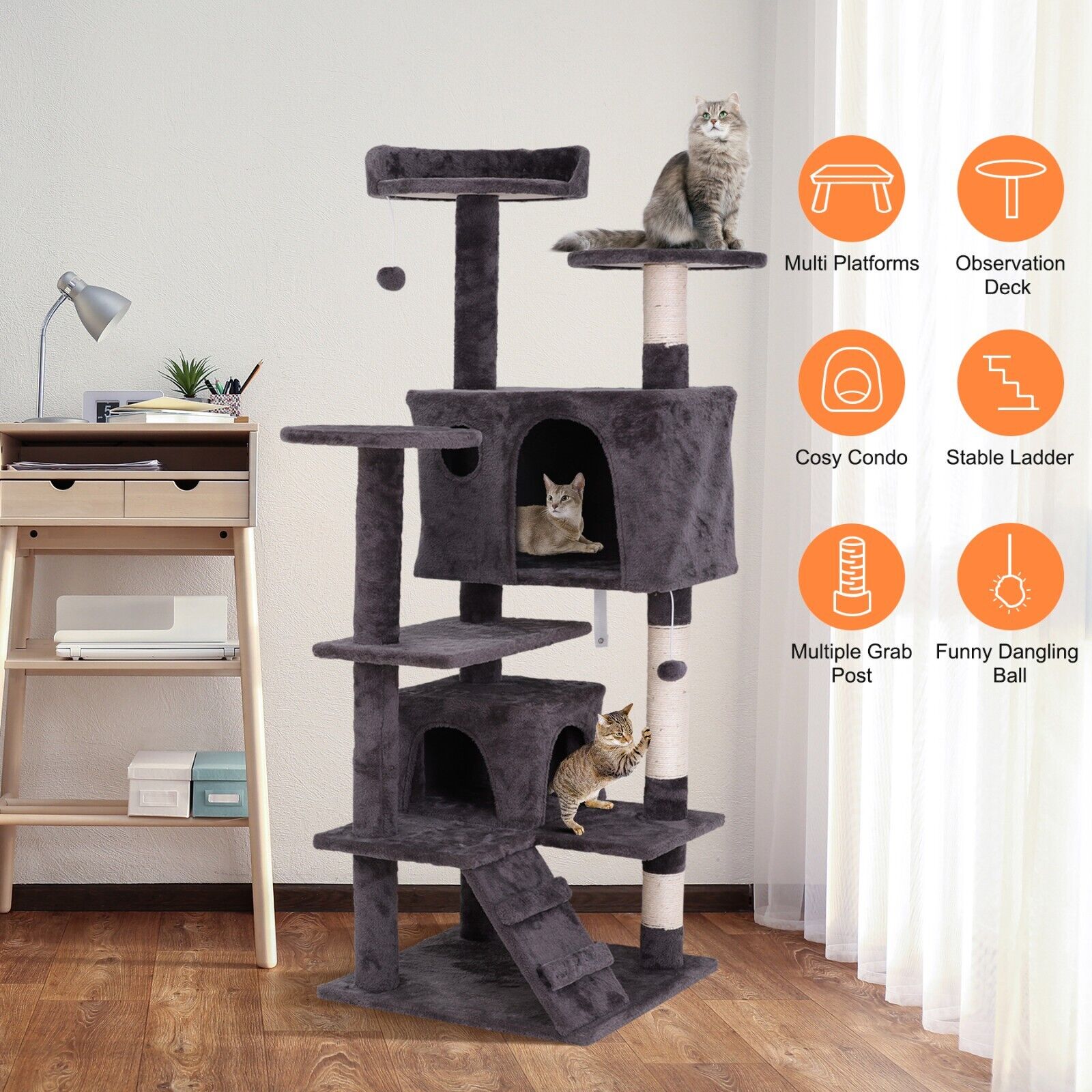 Grey 55" Cat Tree Condo for Playful Felines
