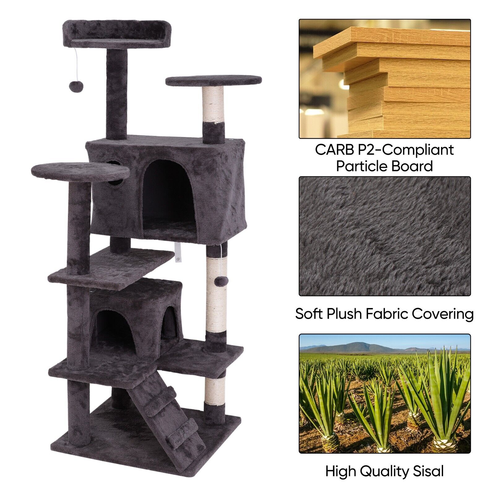 Grey 55" Cat Tree Condo for Playful Felines