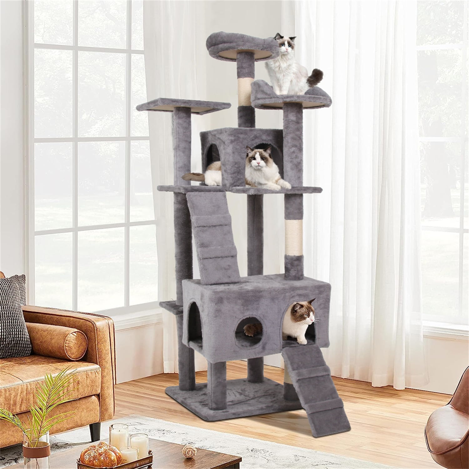 Gray Cat Tree Tower with Multiple Perches