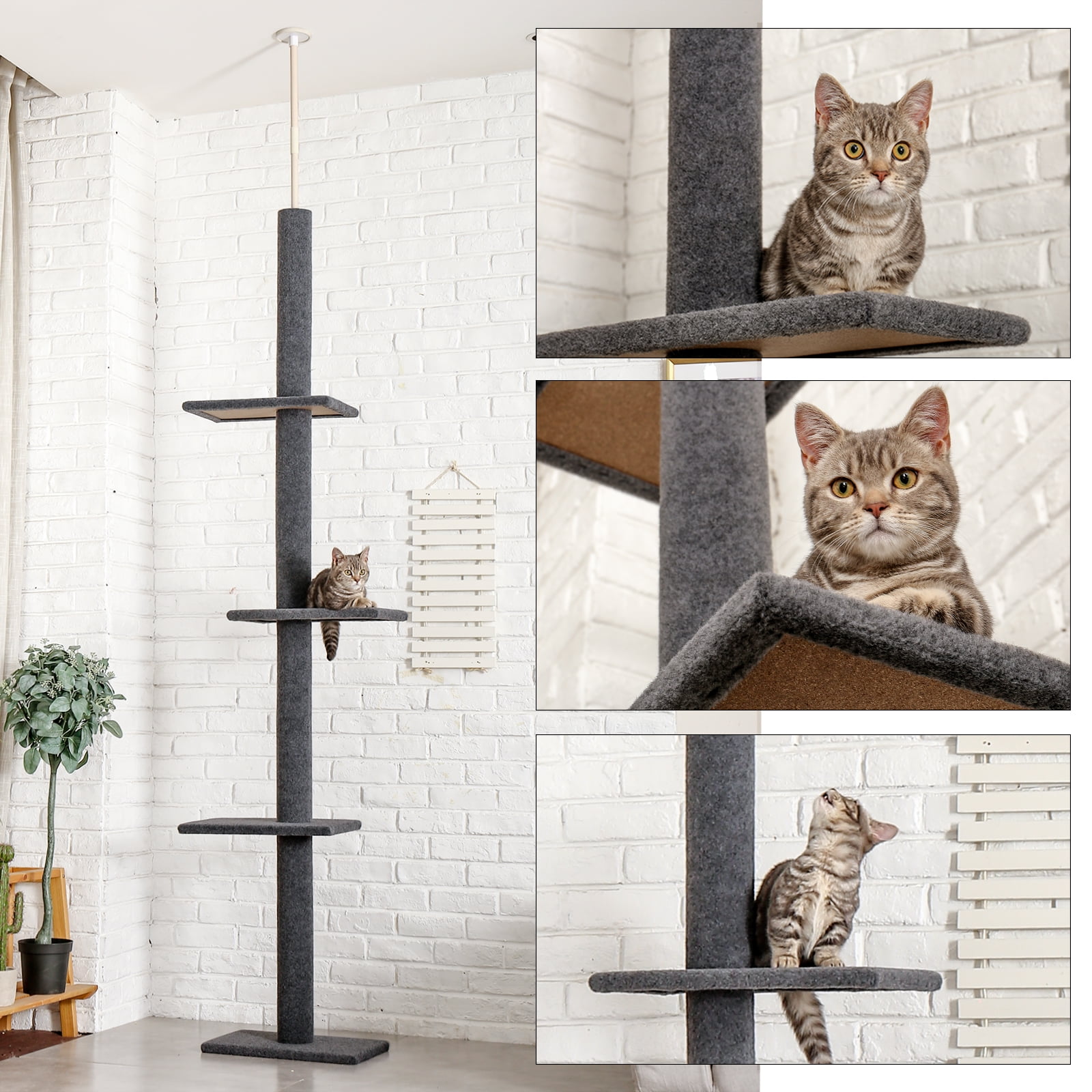 Gray 4-Tier Floor-to-Ceiling Cat Climbing Tree