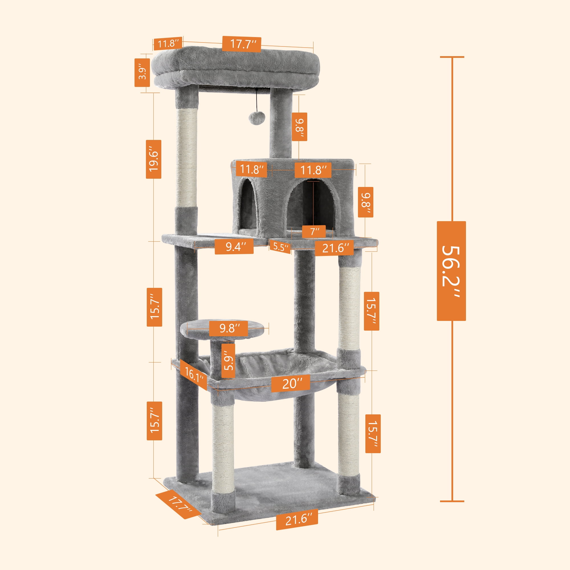 Gray Cat Tree Tower with Scratching Posts