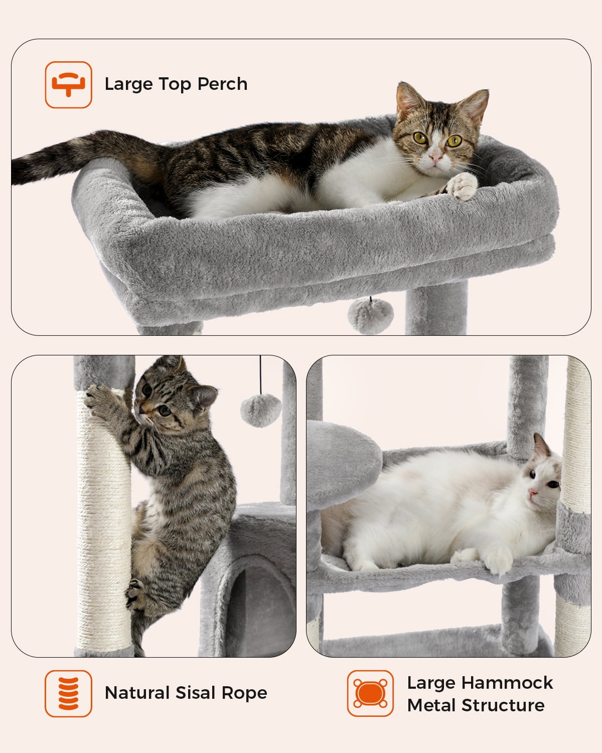 Gray Cat Tree Tower with Scratching Posts