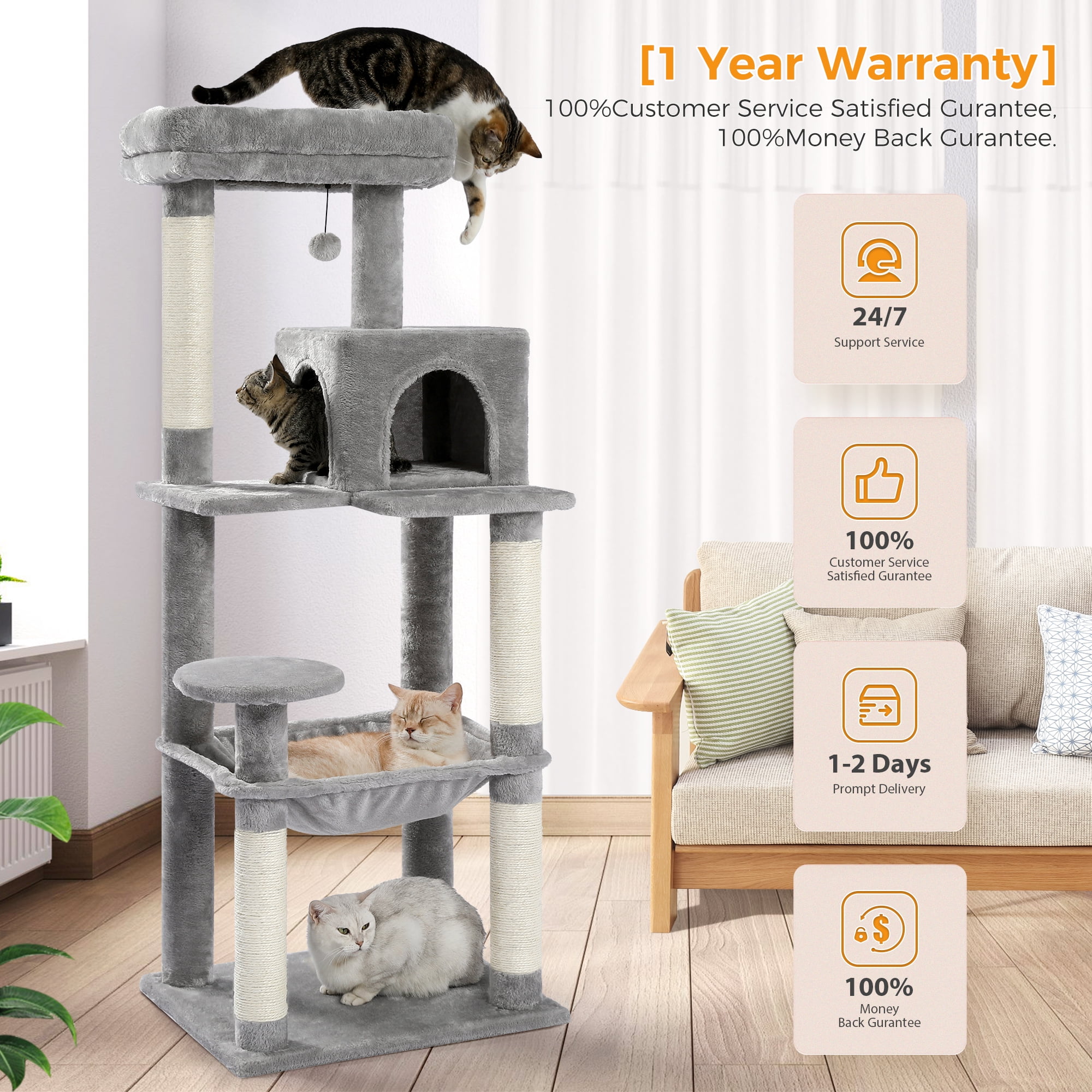 Gray Cat Tree Tower with Scratching Posts