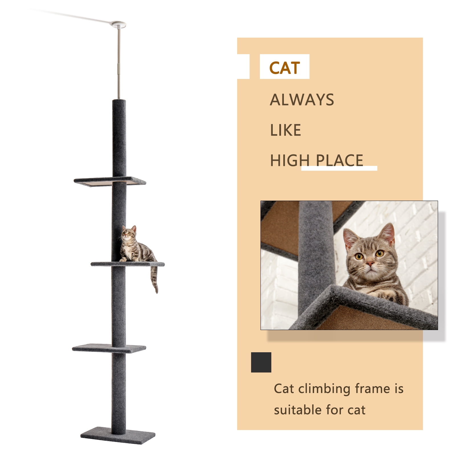 Gray 4-Tier Floor-to-Ceiling Cat Climbing Tree