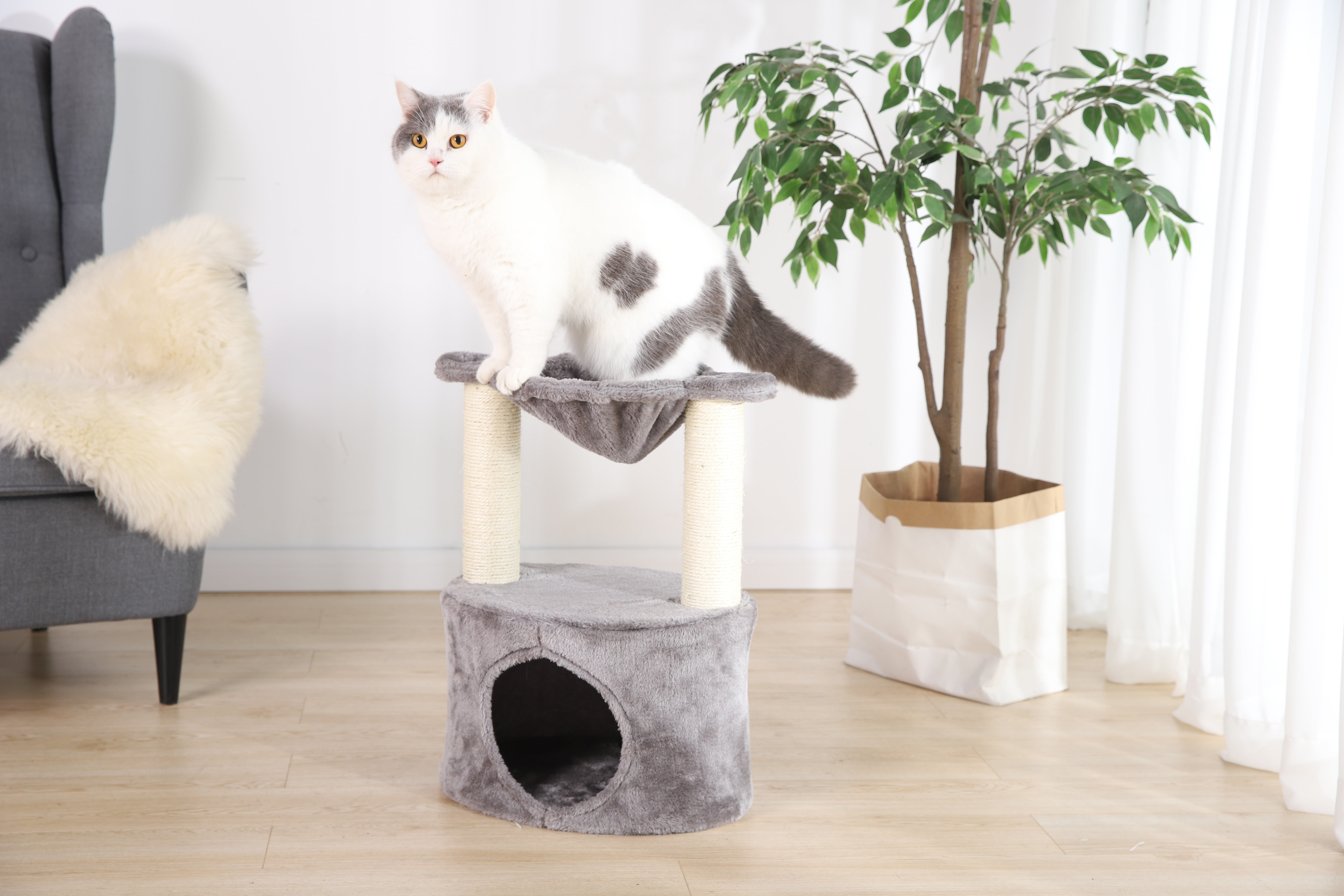 Gray 2-Level Cat Condo with Hammock