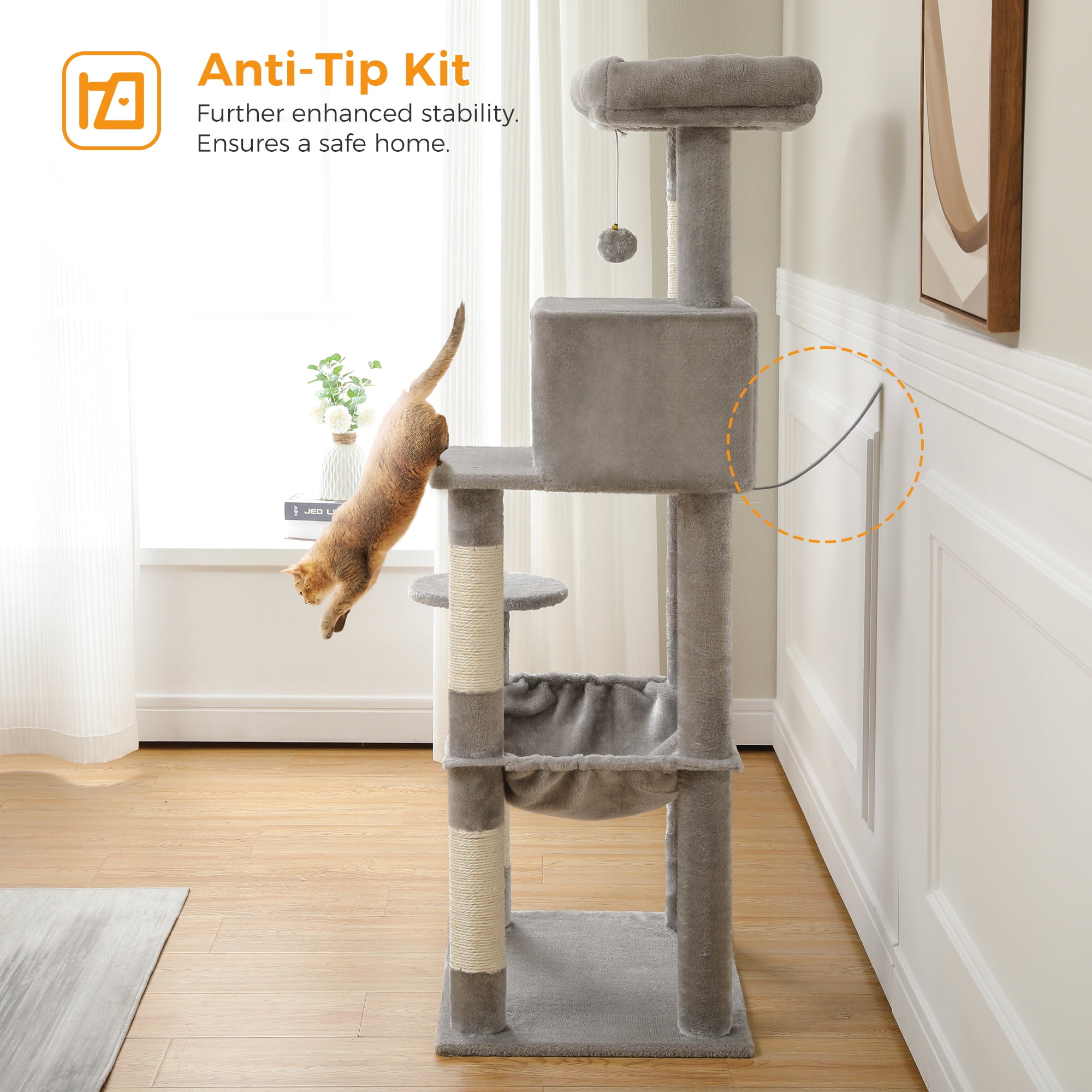 Gray Cat Tree Tower with Scratching Posts