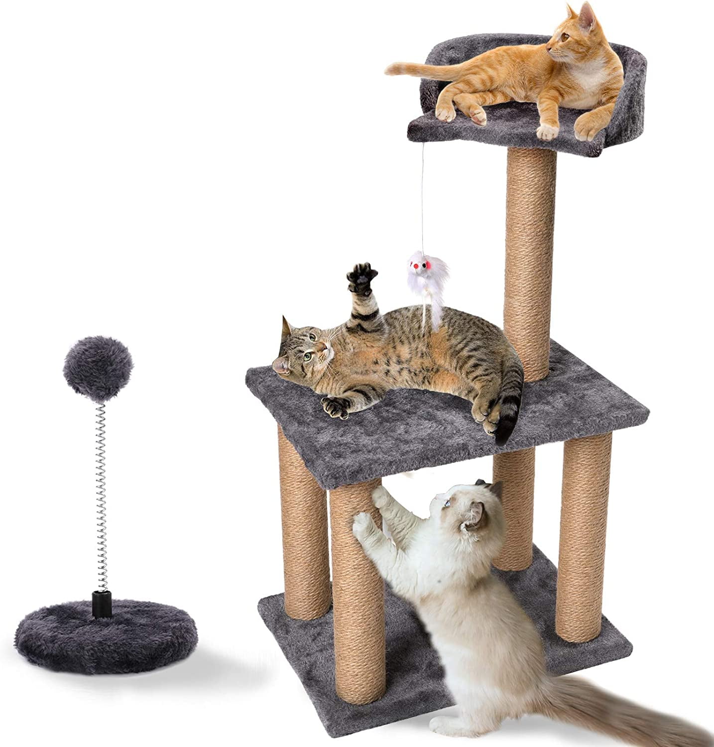 Gray 3 Tier Cat Tree with Sisal Toys