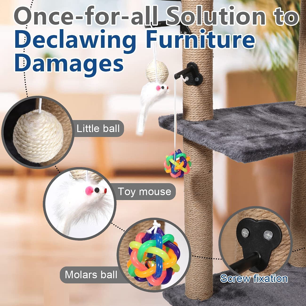 Gray 3 Tier Cat Tree with Sisal Toys