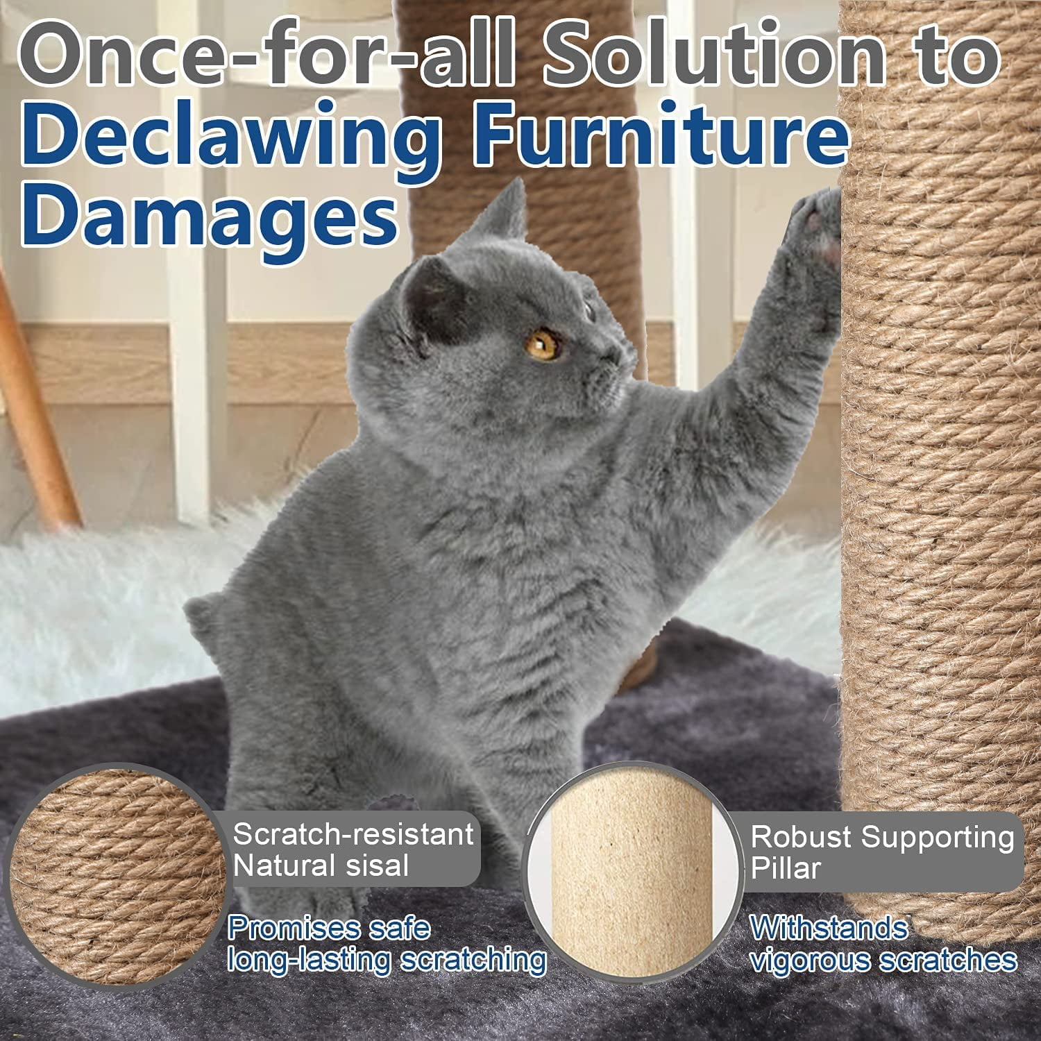 Gray 3 Tier Cat Tree with Sisal Toys