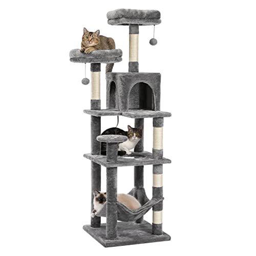 Multi-Level Grey Cat Tree with Scratching Post, Condo, Hammock