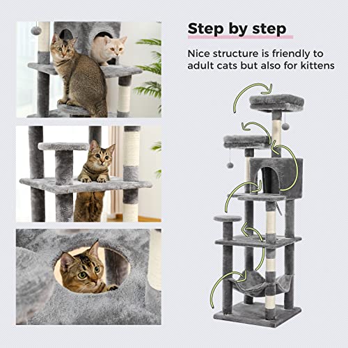 Multi-Level Grey Cat Tree with Scratching Post, Condo, Hammock