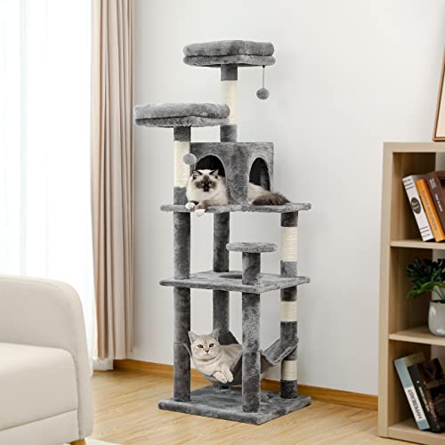 Multi-Level Grey Cat Tree with Scratching Post, Condo, Hammock