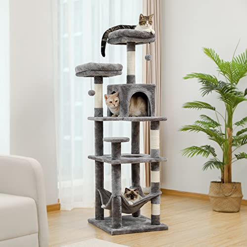 Multi-Level Grey Cat Tree with Scratching Post, Condo, Hammock