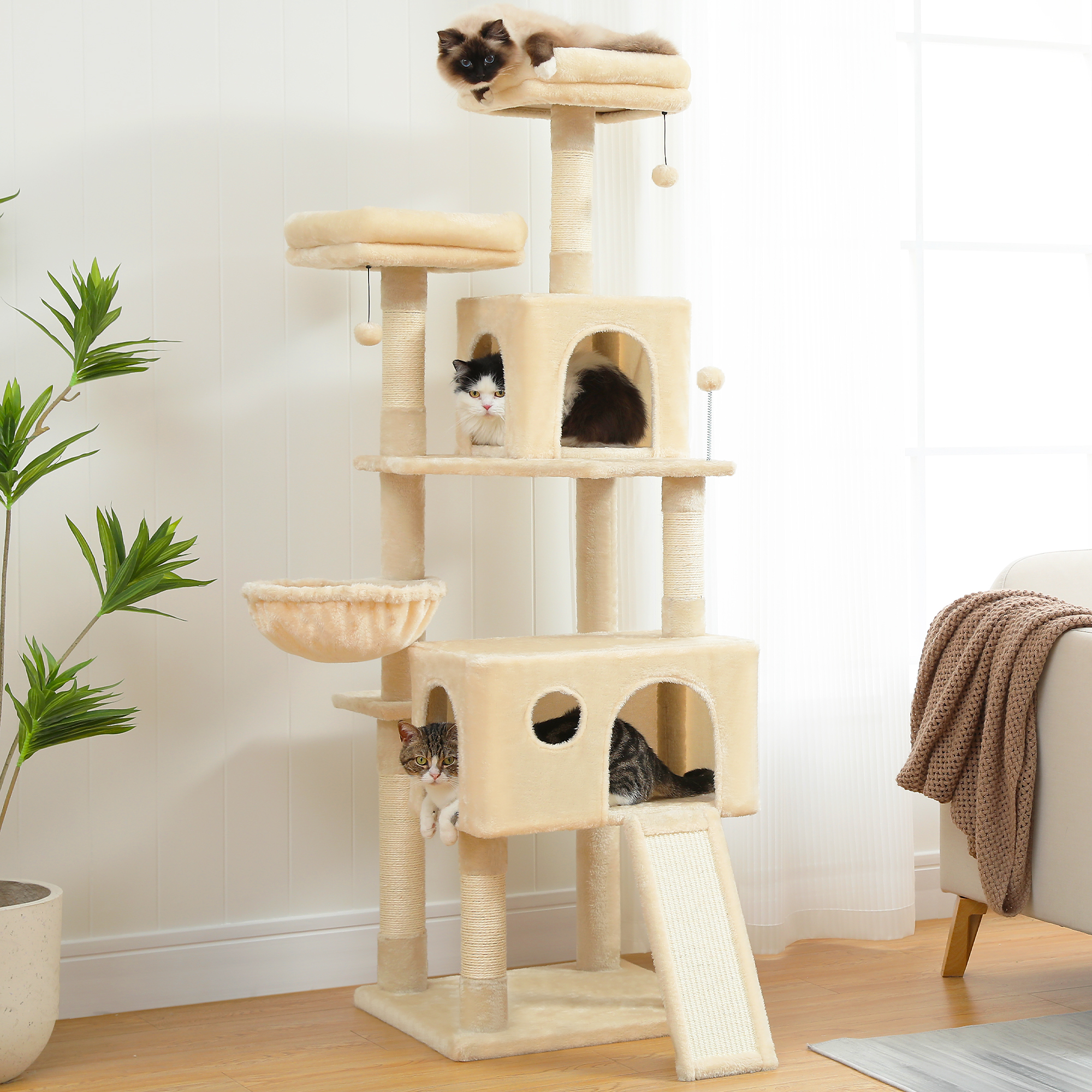 Soft Sisal Cat Tree with Beds & Basket