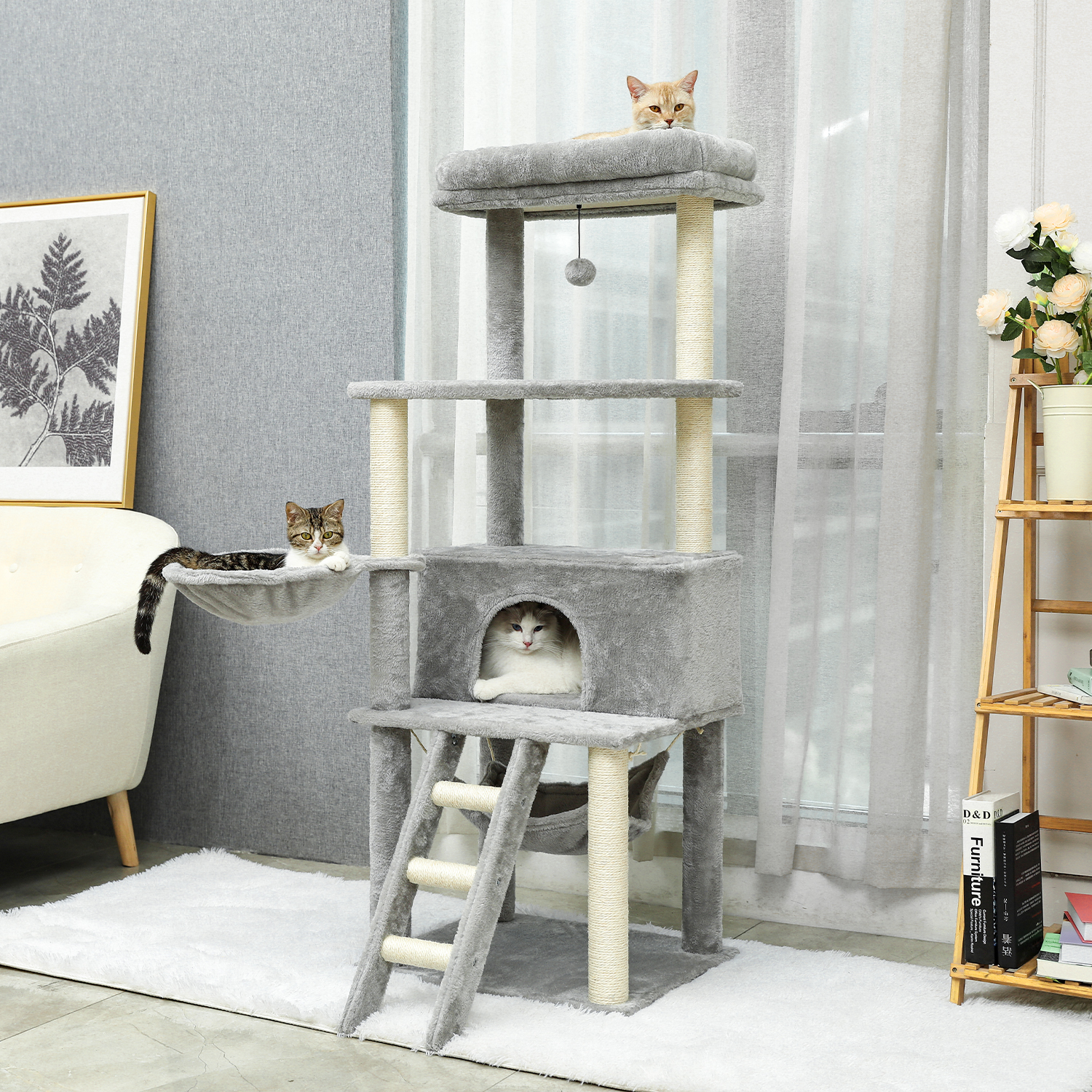 Soft Sisal Cat Tree with Beds & Basket