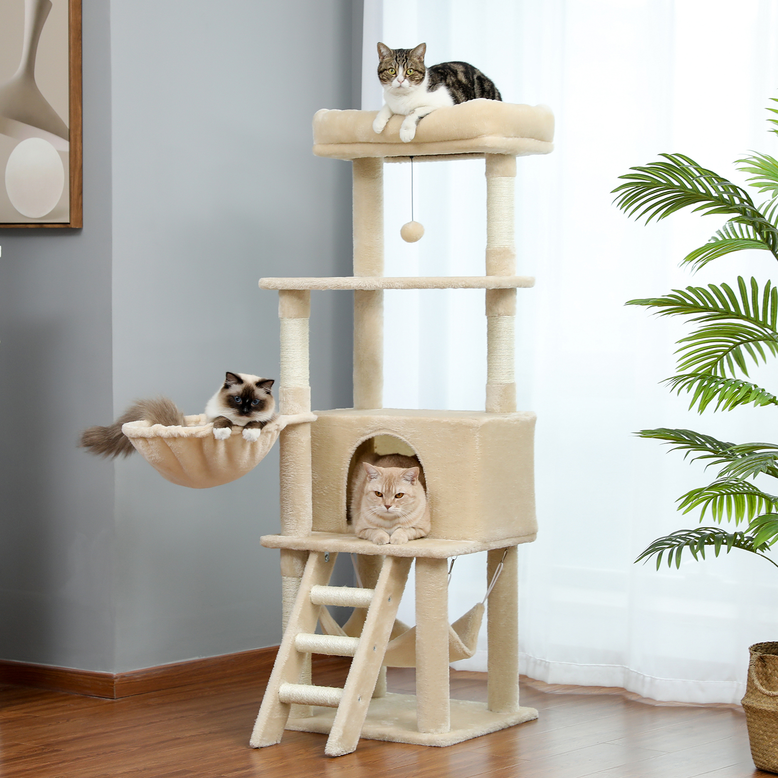 Soft Sisal Cat Tree with Beds & Basket