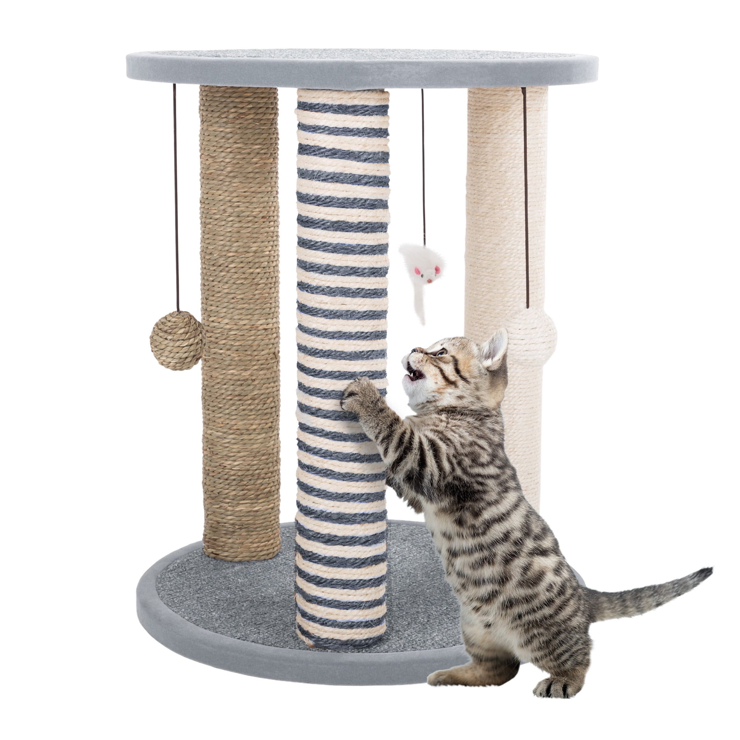 Gray Cat Scratching Post Tower with Toys