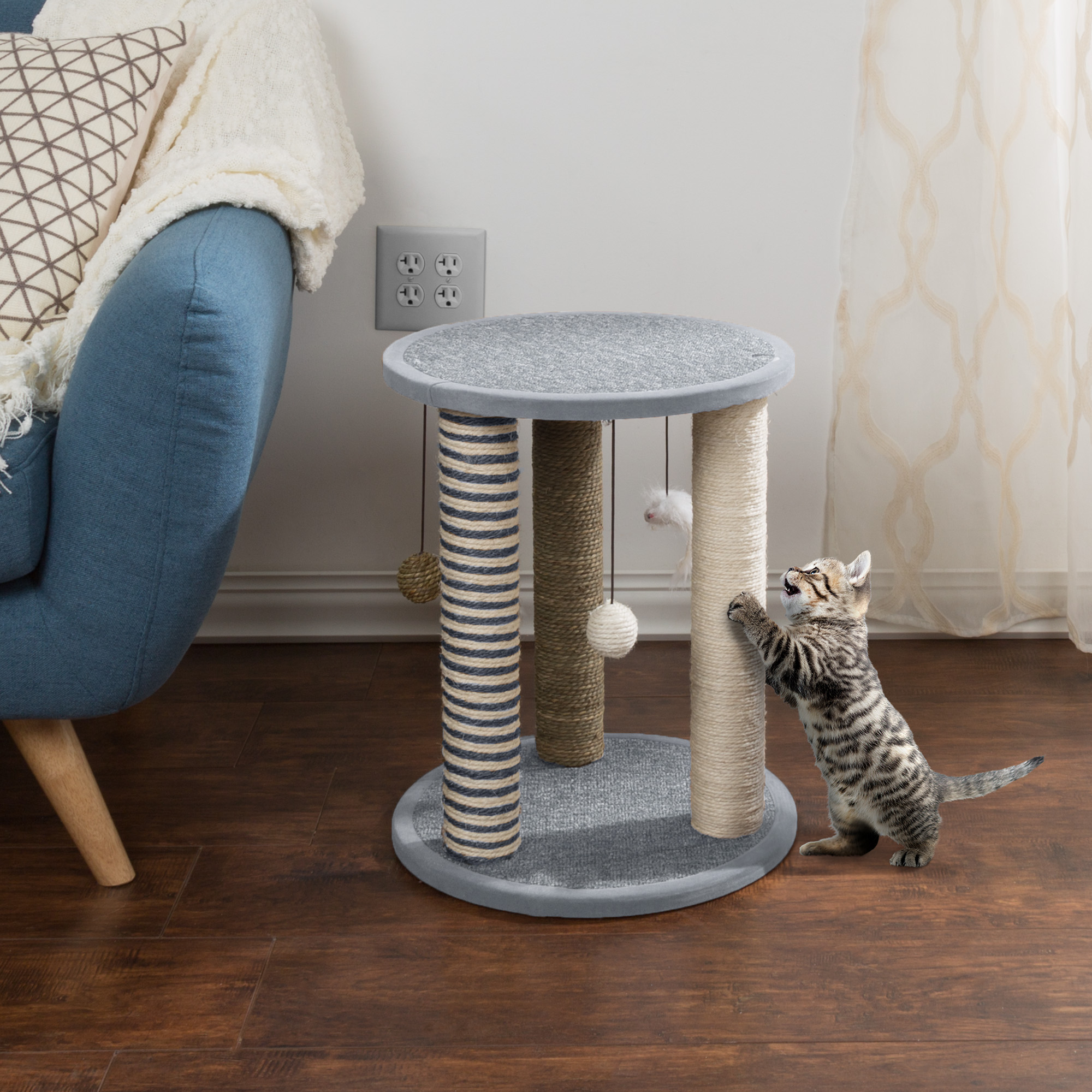 Gray Cat Scratching Post Tower with Toys