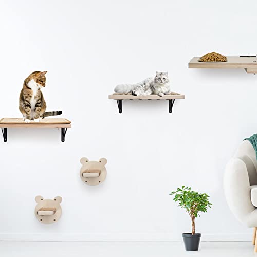 Floating Wall-Mounted Cat Shelves with Feeder