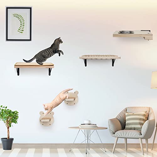 Floating Wall-Mounted Cat Shelves with Feeder