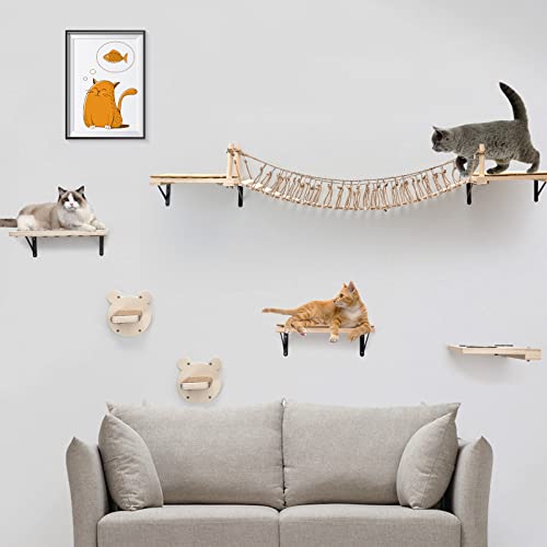 Floating Wall-Mounted Cat Shelves with Feeder