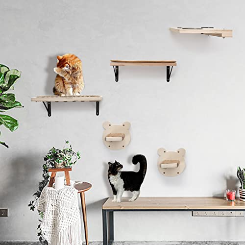 Floating Wall-Mounted Cat Shelves with Feeder