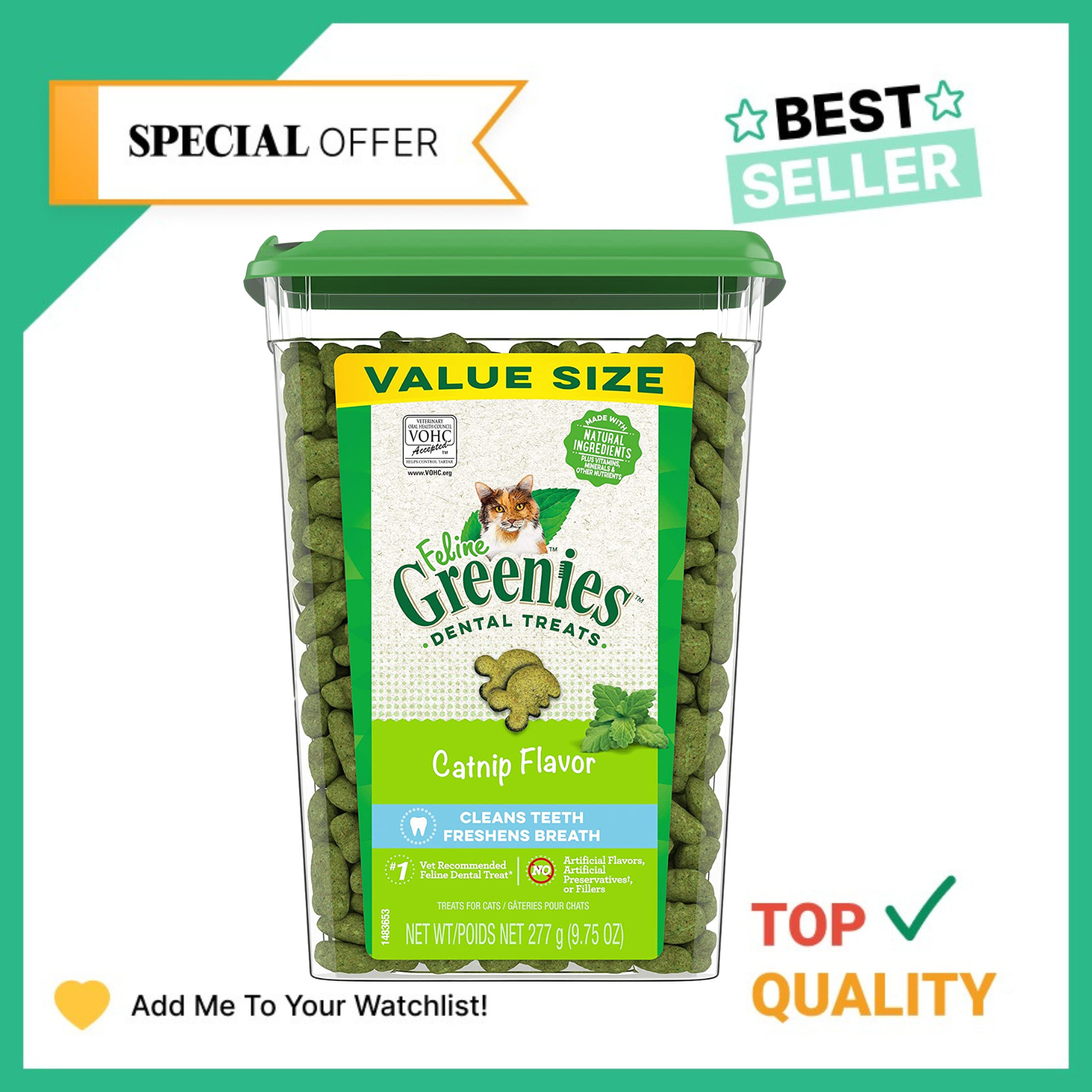  FELINE GREENIES Natural Dental Care Cat Treats Catnip-Flavor